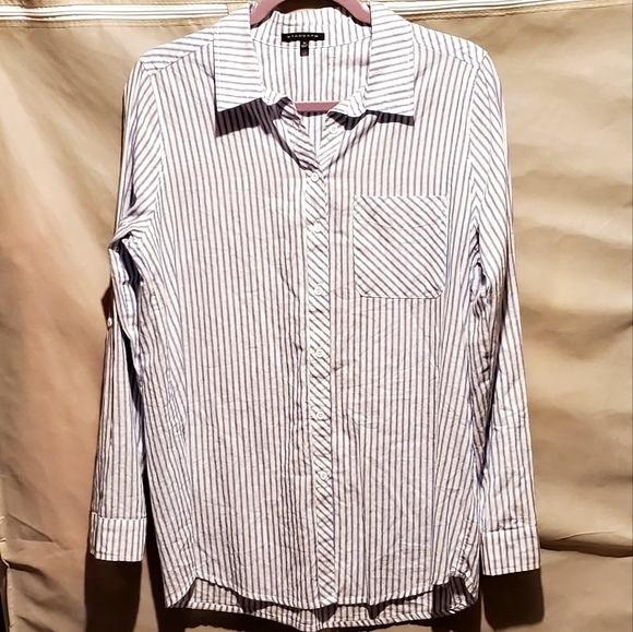 Staccato White Blue Striped‎ Button Down Shirt Medium Women Pre-owned - Picture 4 of 9
